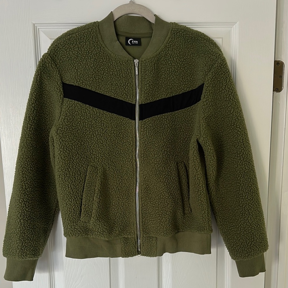 ZYIA Green and Black Bomber Jacket with Ribbed Details - Like New